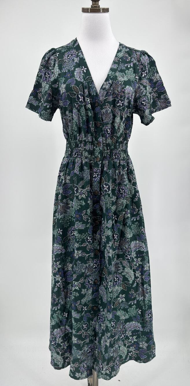 Marine Layer Annika Forest Floral Green Smocked V Neck Midi Shirt Dress Sz M